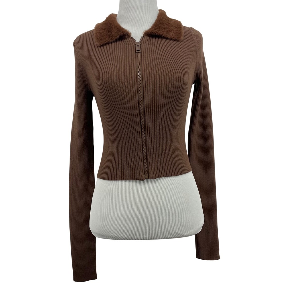 American Eagle Women Size S Zip Up Cardigan Brown Faux Fur Collar Ribbed Sweater